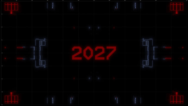 Futuristic sci-fi HUD interface and digital display with red year 2027 typography on dark background. Perfect for technology concepts, countdown to 2027, cyberpunk themes, futuristic user interfaces