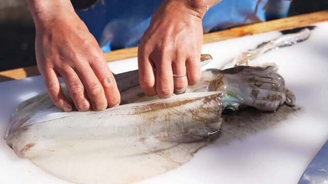 A skilled worker handles a large fresh squid on a clean white cutting board, carefully opening the body, removing internal organs, cleaning ink, and slicing portions for cooking preparation