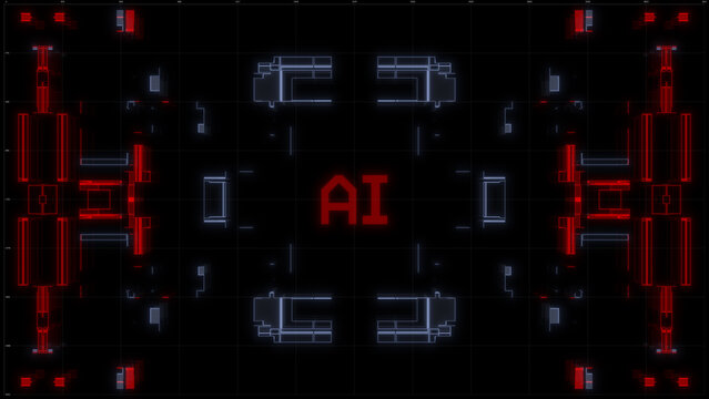 Futuristic sci-fi HUD interface and digital display with red AI typography on dark background. Perfect for artificial intelligence concepts, machine learning, cyberpunk themes, futuristic element.