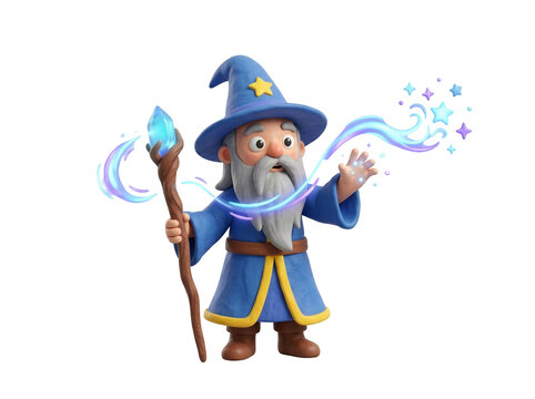 Powerful 3d wizard character casting glowing magic spells