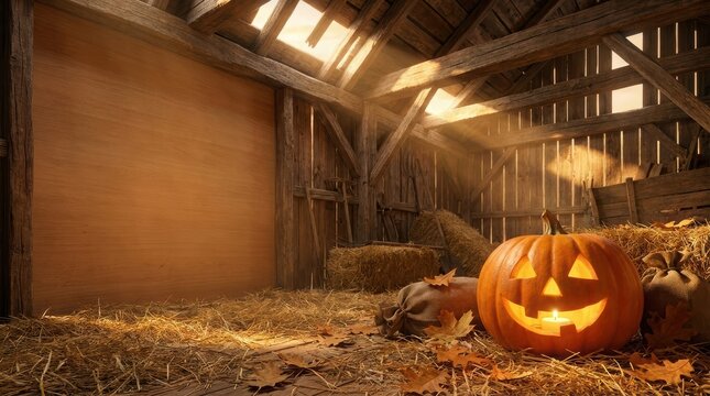 Spooky Halloween Jack O Lantern glowing inside rustic barn with sunbeams.