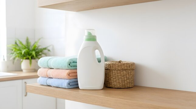 Laundry detergent bottle and folded towels on a wooden shelf