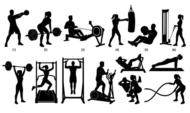 Core strength bodyweight exercise silhouette vector collection with men and women doing gymnastics fitness training
