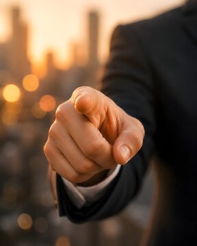 Business Hand Pointing Forward, Suit Sleeve Finger Gesture, Golden Hour Pointing Hand, Professional Direction Closeup, Sunset Bokeh Hand Point.