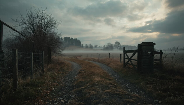 Old wooden fence in fog beside a muddy country path &mdash; part of a folk horror and dark poetry series