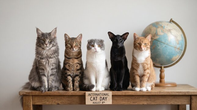 Five distinct cat breeds sit patiently in a row on a wooden table beside a vintage globe to celebrate International Cat Day on August 8th