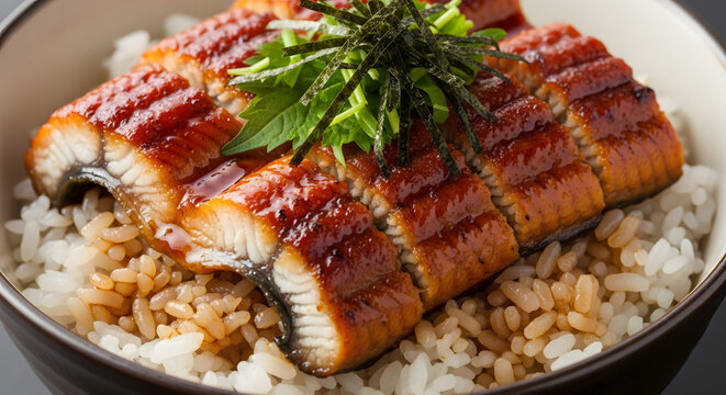 Unagi don bowl showcases grilled freshwater eel glazed with sweet soy sauce served over white rice.