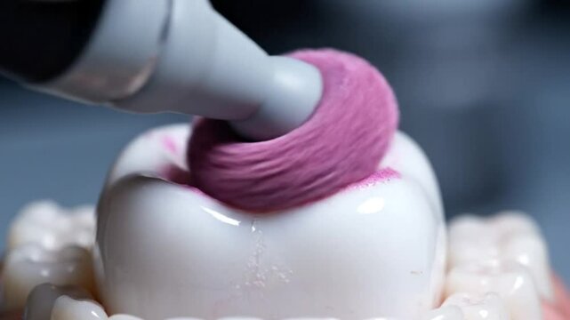 Dental procedure demonstrating polishing of a tooth model with pink abrasive brush for a smooth finish