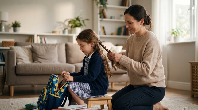 Mother braids her schoolgirl daughter&rsquo;s hair while the child packs a backpack for a busy morning at home
