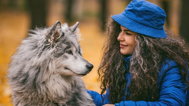 A young woman and a wolf look at each other in an autumnal forest.