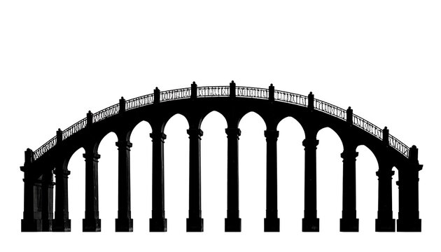 Silhouette of an elegant arched bridge with ornate railings and columns.