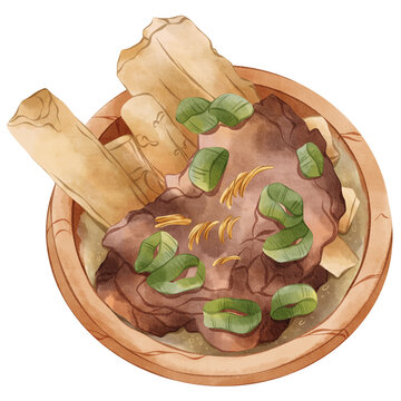 Watercolor Sop Konro Culinary Indonesian Food Recipe Meal Asian Menu Restaurant Launch Dinner Culture Savory Delicious Gourment Illustration
