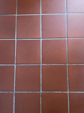 Close-up of reddish-brown terra cotta square paving tiles  with light gray mortar joints arranged in a grid patter