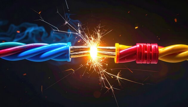 Electrical spark between two wires, one blue, one orange, against a dark background with blurred sparks