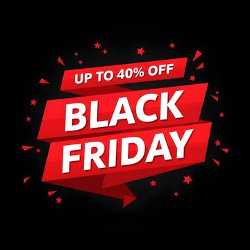 Black Friday sale banner with up to 40 percent discount. Vibrant red promotional ribbon for holiday shopping deals and retail offers.