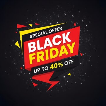 Black Friday sale banner with explosive discount up to 40 percent off. Vibrant retail promotion graphic for e-commerce and holiday shopping campaigns.