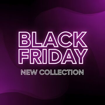 Black Friday sale neon sign glowing in dark retail display. Vibrant purple LED advertising new collection launch event.