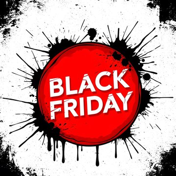Black Friday sale explosion with bold red discount burst. High-impact retail event graphic featuring splatter effect for maximum engagement.