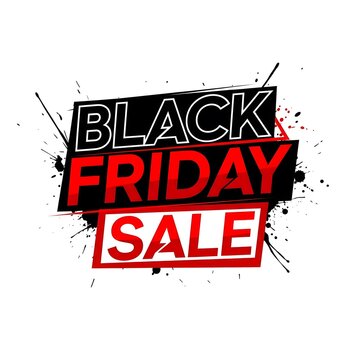 Black Friday sale banner with bold red and black text. Explosive discount event graphic for retail marketing campaigns.
