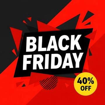 Black Friday sale banner with bold discount offer. High-impact retail promotion graphic featuring 40 percent off deal.