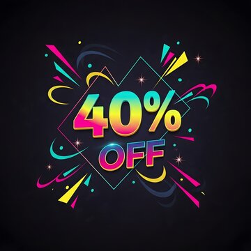 Vibrant 40 percent off sale banner with neon lights. Dynamic discount promotion graphic for retail marketing and e-commerce campaigns.
