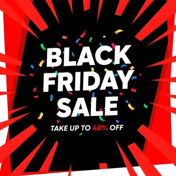 Black Friday sale banner with explosive discount offer. High-energy retail promotion graphic for maximum consumer engagement.