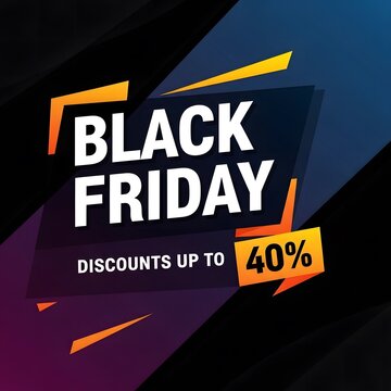 Black Friday sale banner with 40 percent discount offer. Vibrant retail promotion graphic for e-commerce and marketing campaigns.