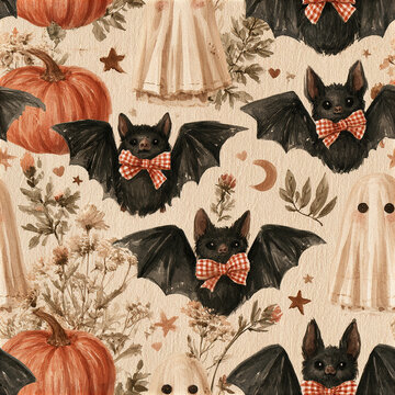 Cottagecore Halloween seamless pattern with adorable bats wearing red bow ties, pumpkins, ghost, and dried flowers warm tones
