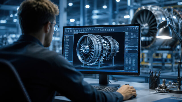 Faceless industrial designer working on CAD software on a desktop computer in a turbine engine startup facility, researching and developing high-tech engine technology, defocused