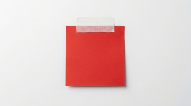 Single square red sticky note attached with a piece of translucent adhesive tape isolated on a clean white background, for office supplies