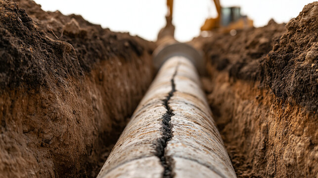 A damaged underground pipe sits in a trench during construction. Perfect for infrastructure repair and failure concepts.