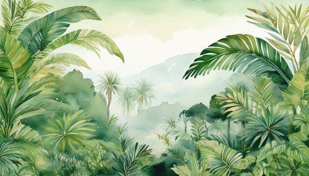 watercolor painting of a green jungle landscape in retro or vintage style watercolor wallpaper pattern lush green rainforest background