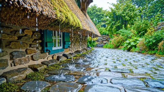 Rainy cottage scene, water dripping from thatched roof, cobble pathway with lush green vegetation, peaceful atmosphere