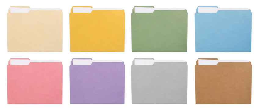 A set of file folders isolated on transparent background.