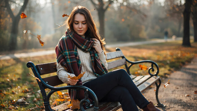 Young woman sitting on a wooden park bench wearing a plaid scarf and white sweater during a sunny autumn afternoon with falling leaves