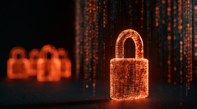 A glowing digital padlock icon stands amidst falling data code. This visual represents cybersecurity and protection.