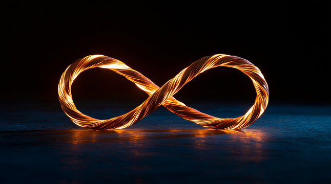 Glowing copper infinity symbol on a dark textured surface. A concept for continuous energy and limitless connectivity.