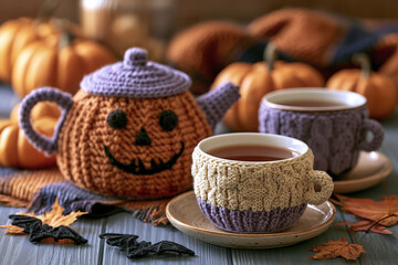 Fototapeta premium Cozy Halloween tea party featuring smiling lavender crochet pumpkin teapot and warm knitted cup covers with autumn leaves
