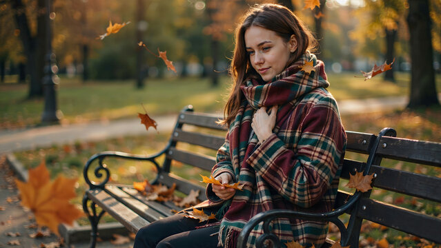 Young woman sitting on a wooden park bench wearing a plaid scarf and white sweater during a sunny autumn afternoon with falling leaves