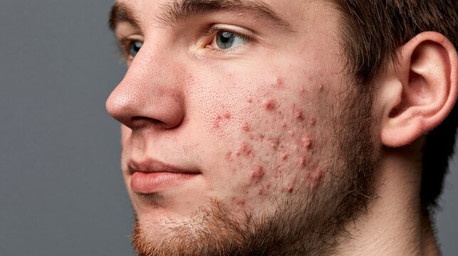 Young mans face displays numerous red blemishes and imperfections.