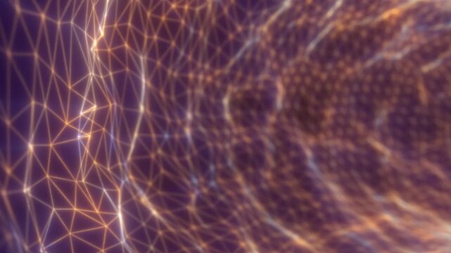 Golden and white wireframe lines form a flowing polygonal landscape