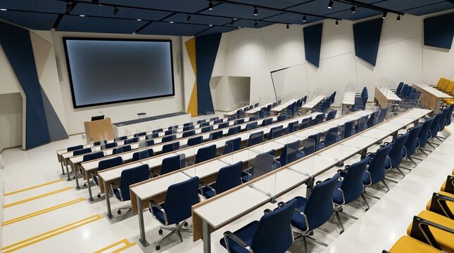 A spacious and modern university lecture hall or auditorium with tiered seating, featuring rows of dark blue office chairs and long white desks with glass partitions.