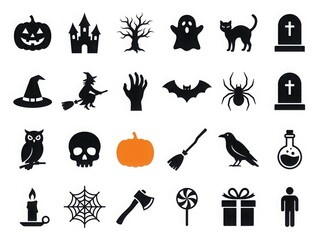 Fototapeta premium Collection of black halloween silhouettes including pumpkins ghosts witches and bats on a white background silhouette