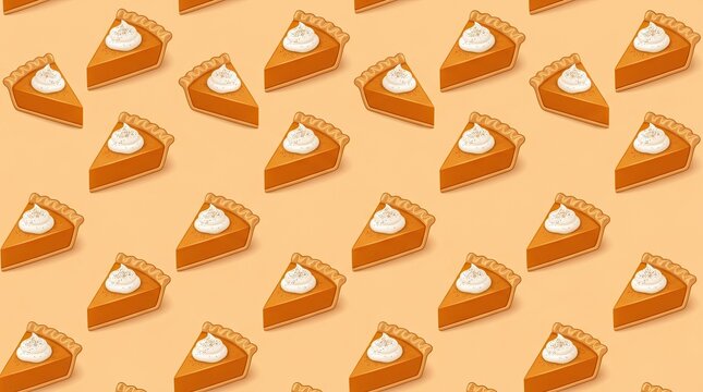 Seamless pattern of pumpkin pie slices topped with whipped cream arranged on a light orange background, thanksgiving