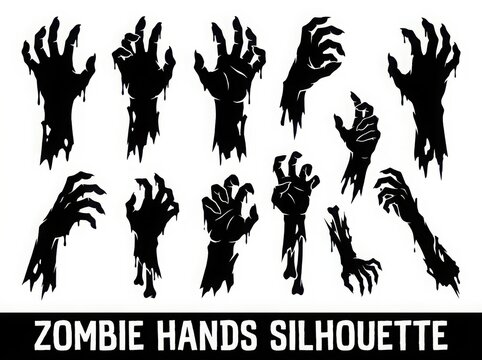 Collection of spooky zombie hands in various poses black silhouette against a white background