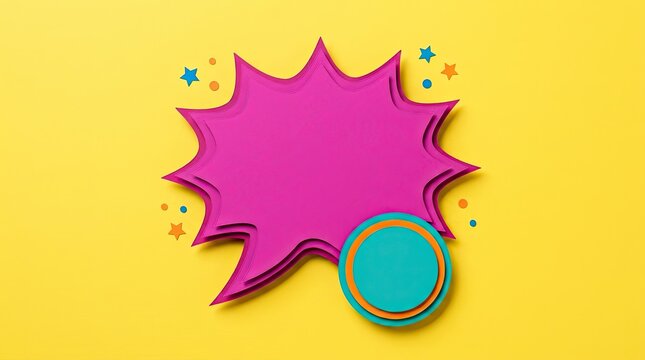 Pink starburst speech bubble with layered circular blue tag on yellow starburst communication creative colorful