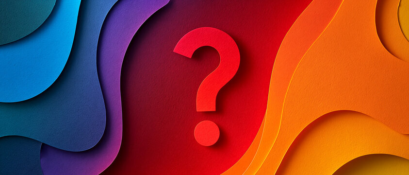 A vibrant red question mark floating amidst colorful layered paper waves. This abstract image represents uncertainty.