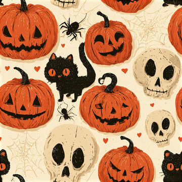 Creepy cute Halloween seamless pattern with mismatched jack o lanterns, black cats, skulls, spiders, and spider webs creating