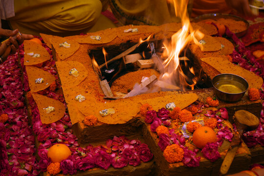 Havan kund fire altar. Hindu fire ritual Agni Homam, Yajna,  Pooja.