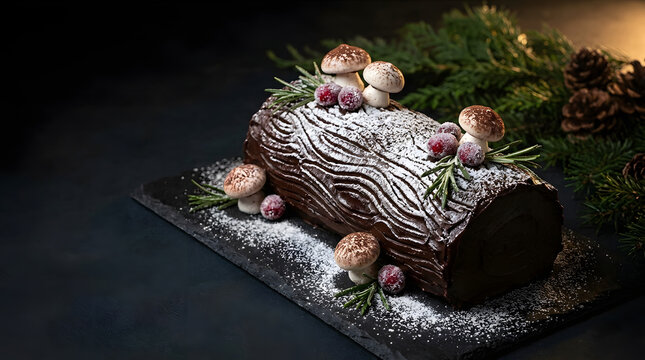 Chocolate yule log cake with powdered sugar, meringue mushrooms, pine needles perfect for winter holiday food photography backgrounds.